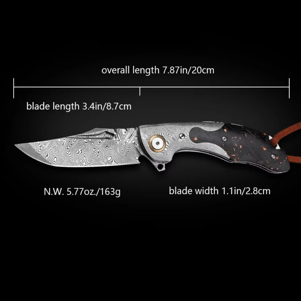 7.8" Damascus Pocket Knife with Damascus & Carbon Fiber Handle | VG 10 Steel Blade