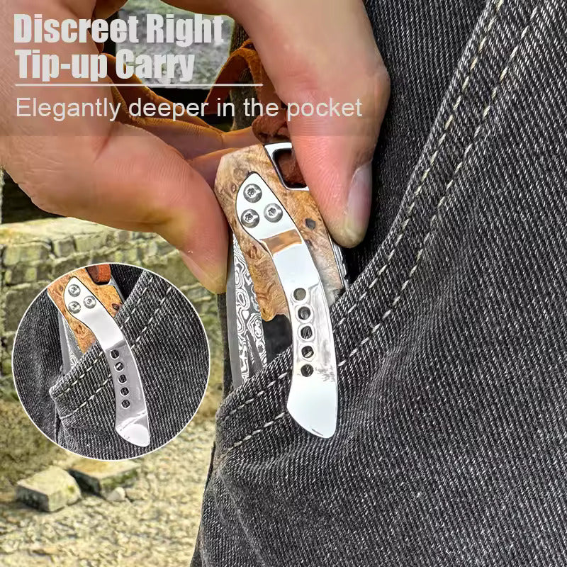 Hand Forged Damascus Steel Hunting Pocket Knife-Camping Folding Blade With Pocket Clip