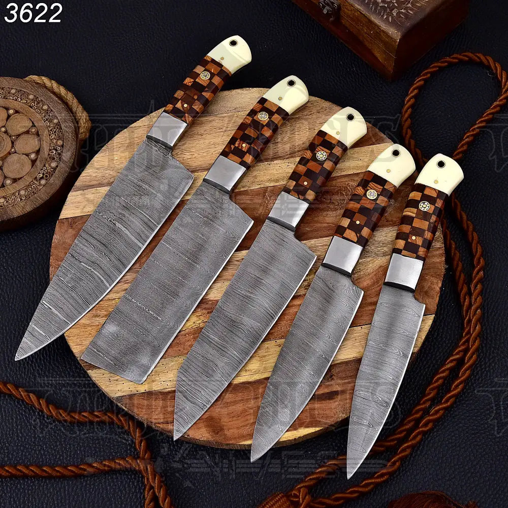 Custom Hand Made Forged Damascus Chef Knife Set Steel Bolster With Bone & Dark wood Handle WH 3622