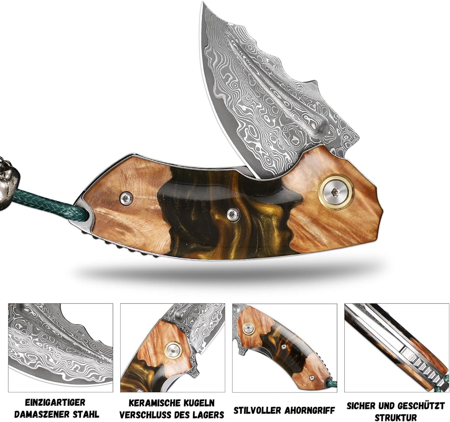 Handmade Japanese Damascus Steel Pocket Knife - EDC Folding Knife With Leather Sheath - Resin and Maple Handle