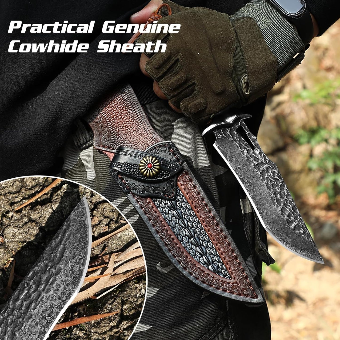 Damascus Hunting Knife - Fixed Blade Wooden Handle Hunting Knife - Damascus Steel Camping knives Comes with a Holster
