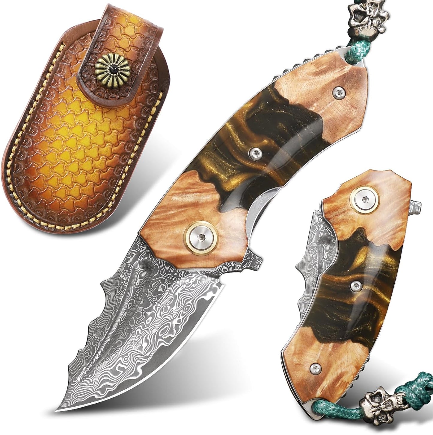Handmade Japanese Damascus Steel Pocket Knife - EDC Folding Knife With Leather Sheath - Resin and Maple Handle