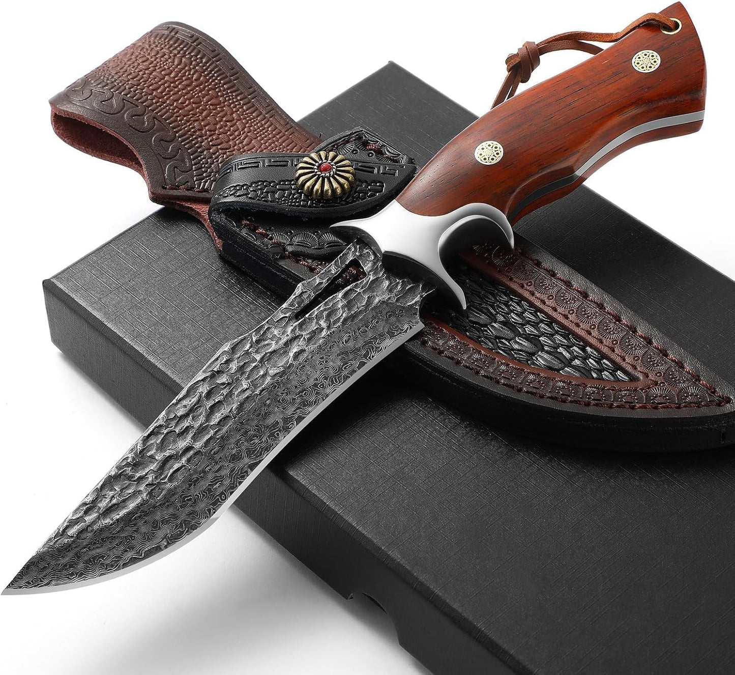 Damascus Hunting Knife - Fixed Blade Wooden Handle Hunting Knife - Damascus Steel Camping knives Comes with a Holster