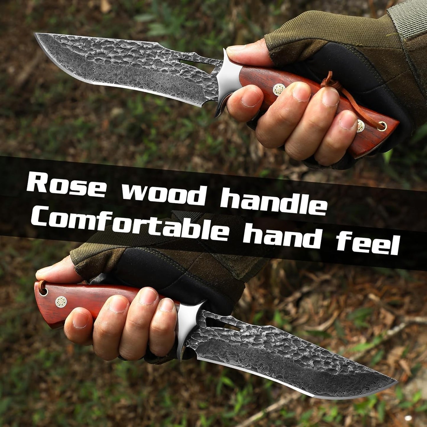 Damascus Hunting Knife - Fixed Blade Wooden Handle Hunting Knife - Damascus Steel Camping knives Comes with a Holster