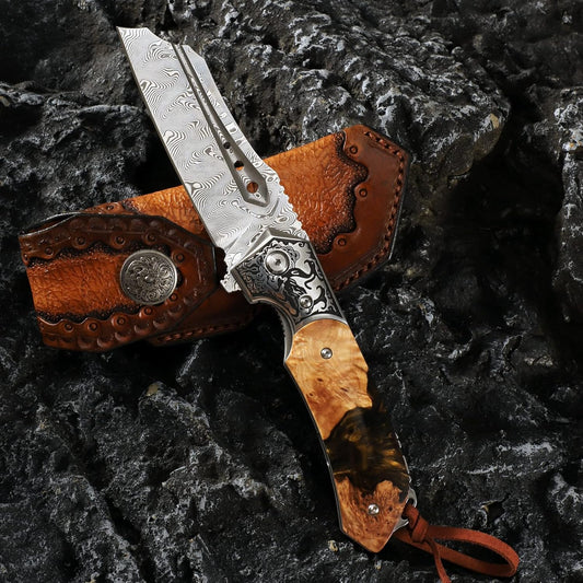 High Quality Damascus Steel Pocket Folding Knife with Resin Maple Handle, Men's Outdoor Knife, Survival Adventure Hunting Knife