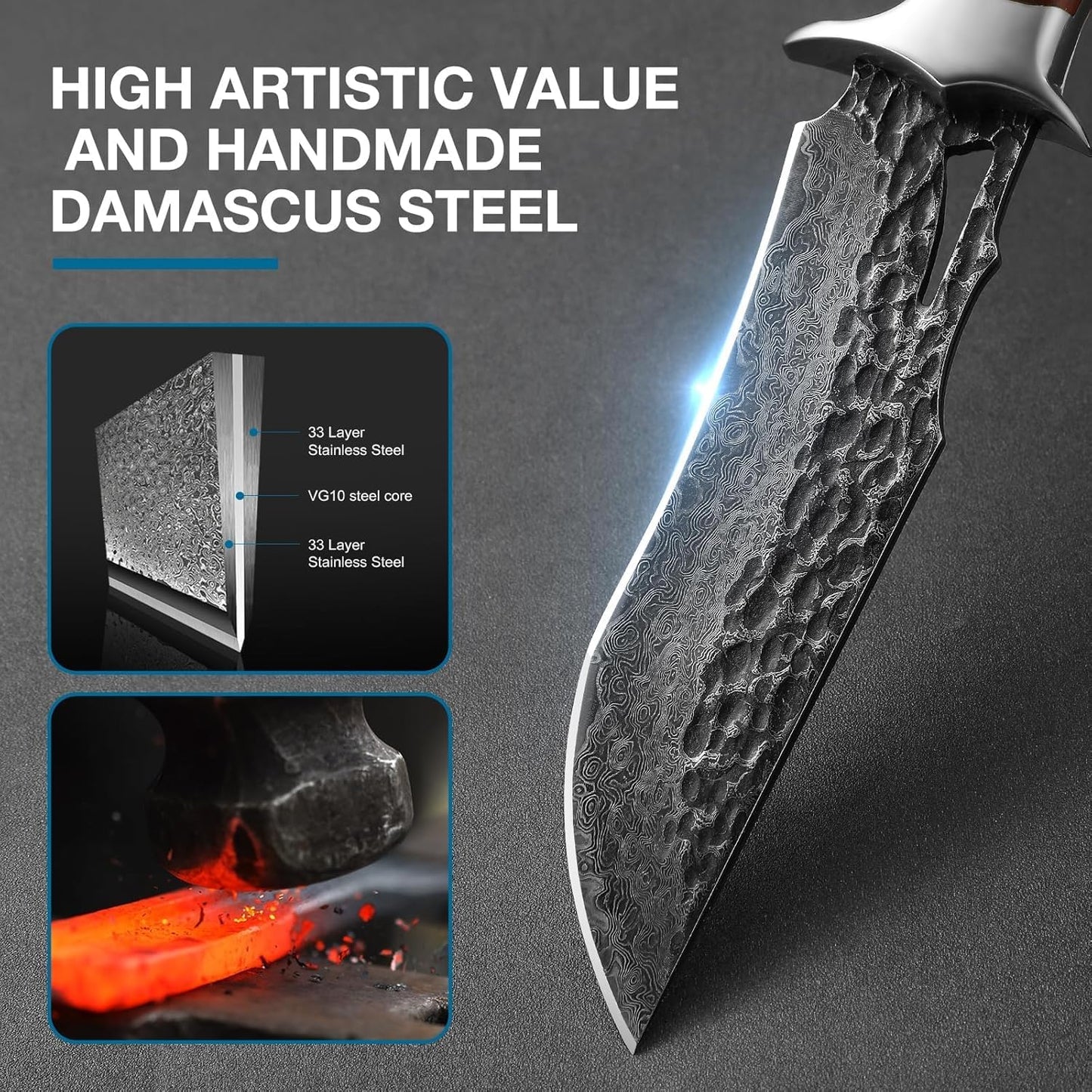 Damascus Hunting Knife - Fixed Blade Wooden Handle Hunting Knife - Damascus Steel Camping knives Comes with a Holster