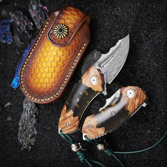 Handmade Japanese Damascus Steel Pocket Knife - EDC Folding Knife With Leather Sheath - Resin and Maple Handle