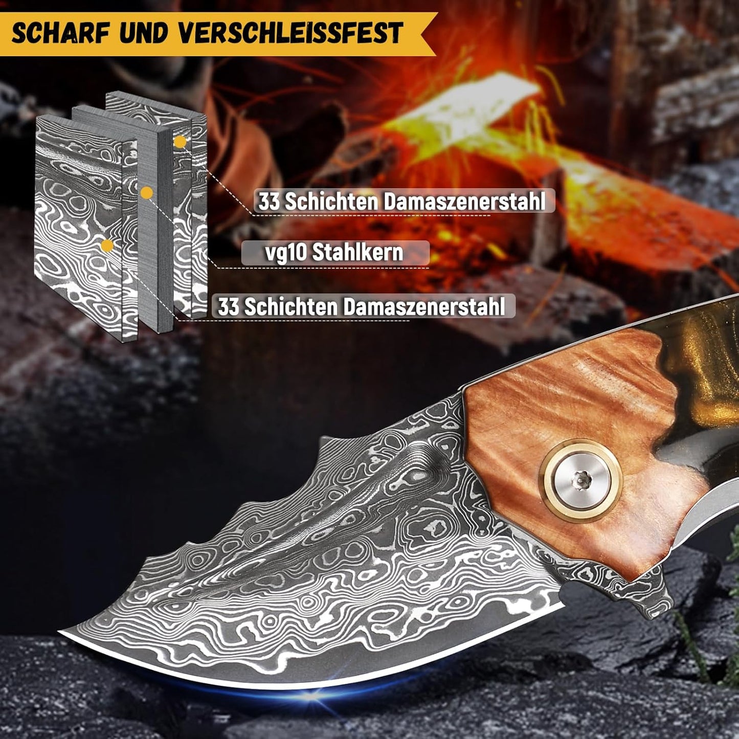 Handmade Japanese Damascus Steel Pocket Knife - EDC Folding Knife With Leather Sheath - Resin and Maple Handle