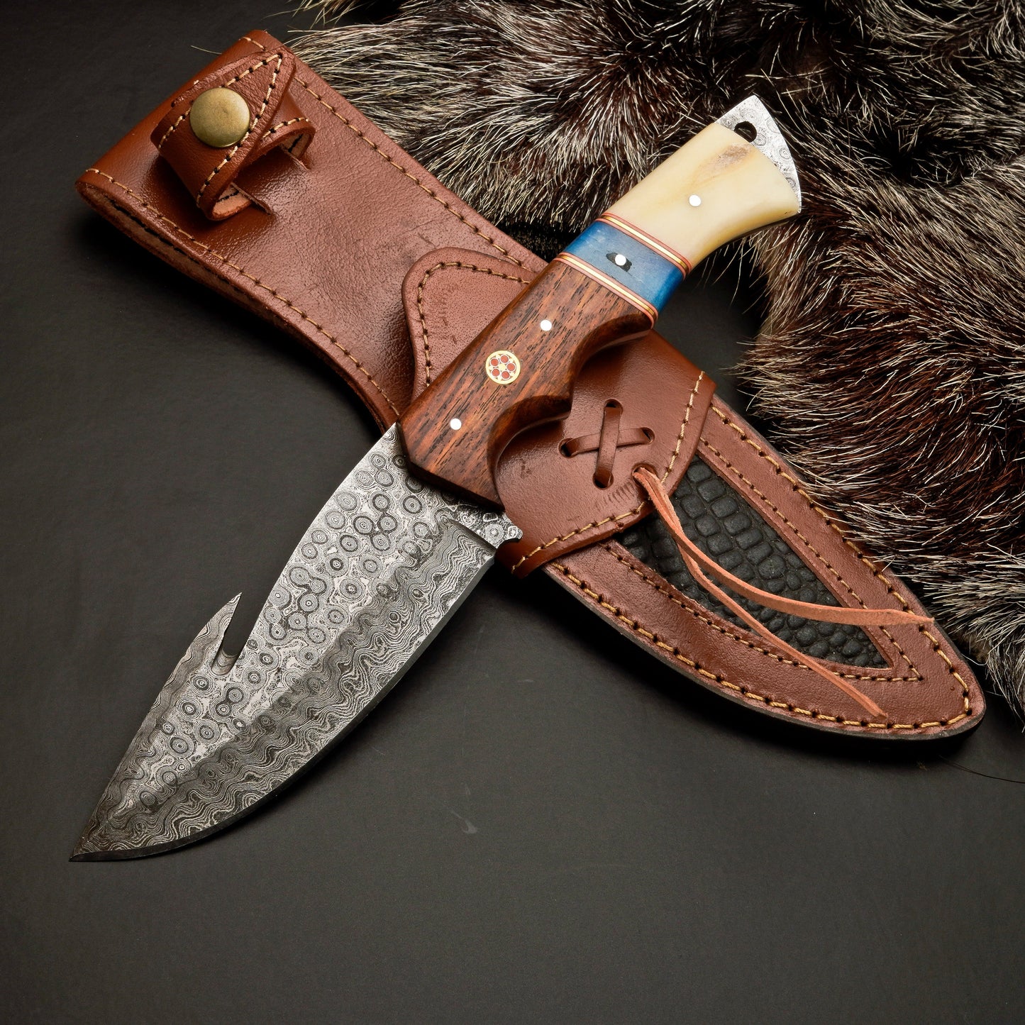 10" Hand Forged Damascus Steel Hunting Knife with Leather Sheath - Damascus Gut Hook Knife