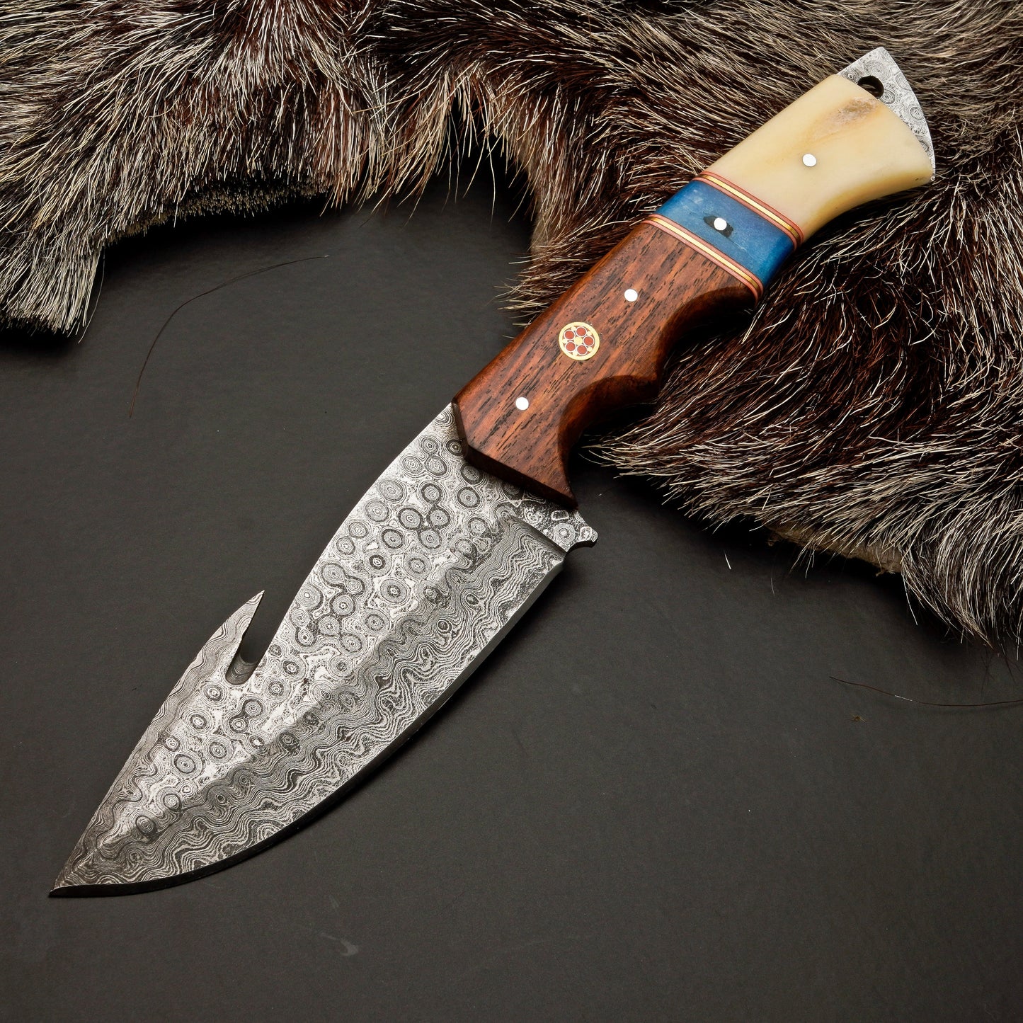10" Hand Forged Damascus Steel Hunting Knife with Leather Sheath - Damascus Gut Hook Knife