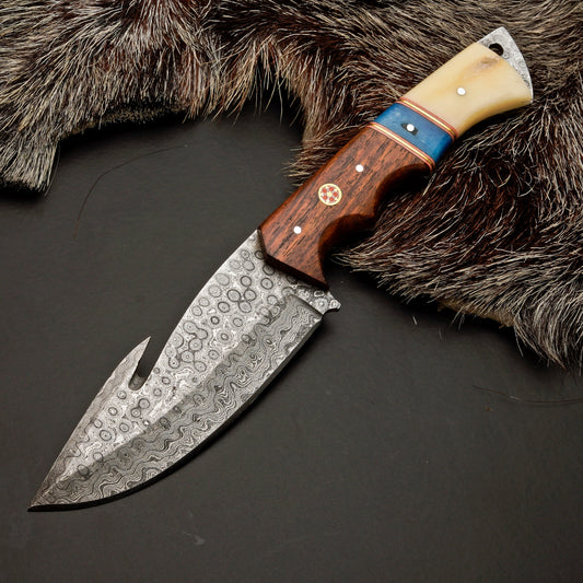 10" Hand Forged Damascus Steel Hunting Knife with Leather Sheath - Damascus Gut Hook Knife