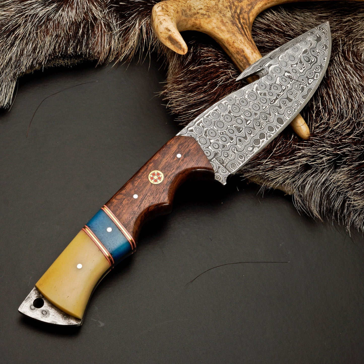 10" Hand Forged Damascus Steel Hunting Knife with Leather Sheath - Damascus Gut Hook Knife