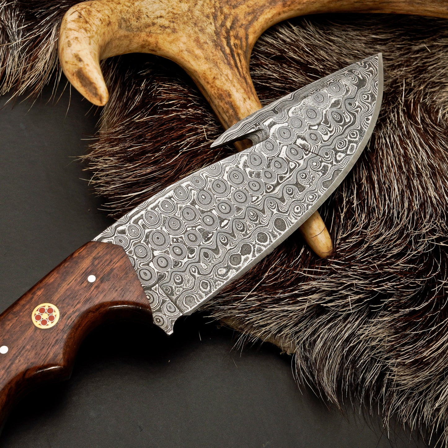 10" Hand Forged Damascus Steel Hunting Knife with Leather Sheath - Damascus Gut Hook Knife