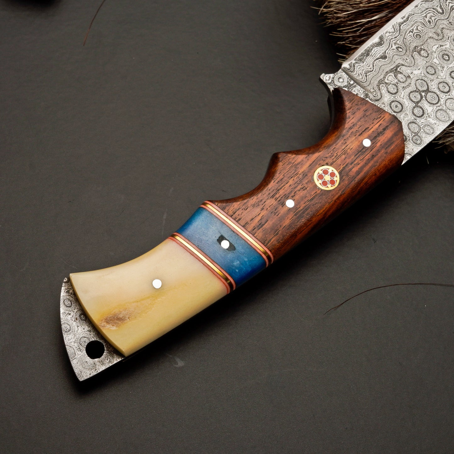 10" Hand Forged Damascus Steel Hunting Knife with Leather Sheath - Damascus Gut Hook Knife