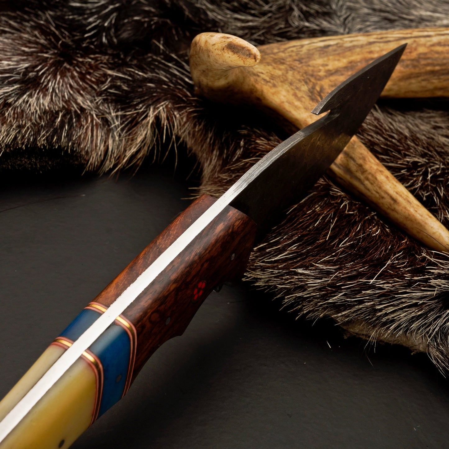 10" Hand Forged Damascus Steel Hunting Knife with Leather Sheath - Damascus Gut Hook Knife