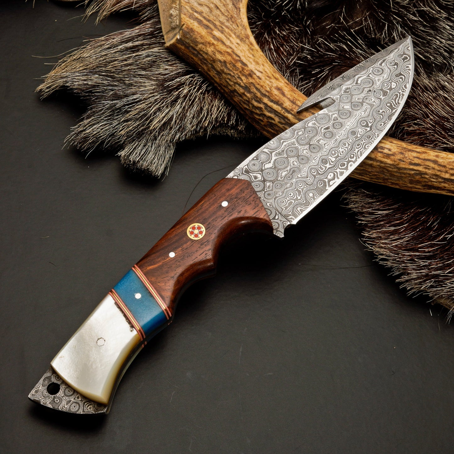 10" Hand Forged Damascus Steel Gut Hook Hunting Knife with Leather Sheath