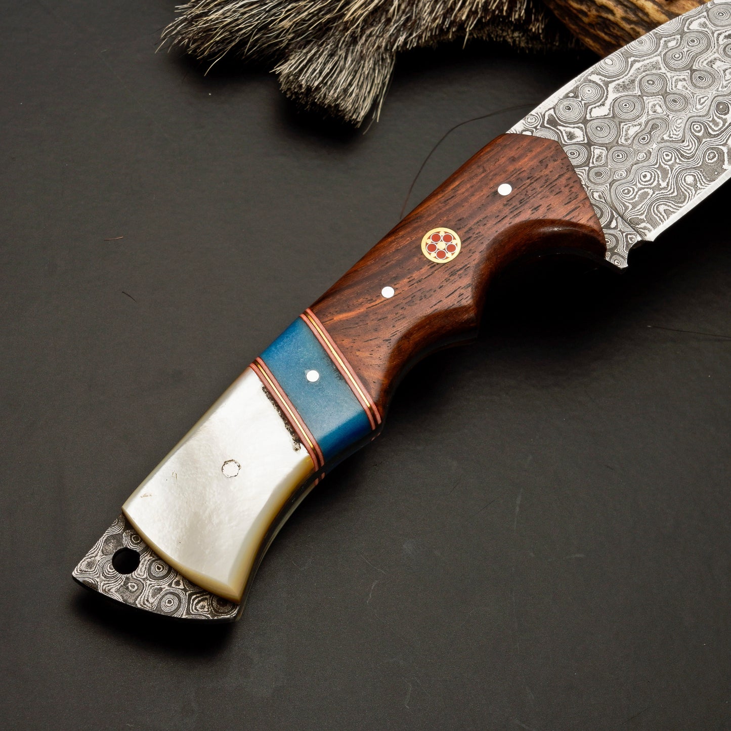 10" Hand Forged Damascus Steel Gut Hook Hunting Knife with Leather Sheath