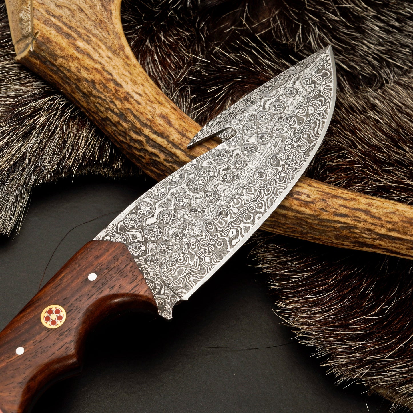10" Hand Forged Damascus Steel Gut Hook Hunting Knife with Leather Sheath
