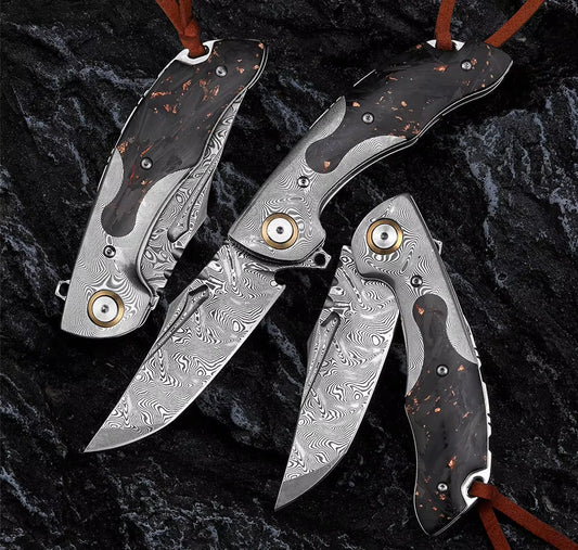 7.8" Damascus Pocket Knife with Damascus & Carbon Fiber Handle | VG 10 Steel Blade