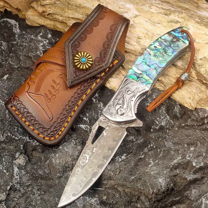 7.8" Handmade Damascus Knife - EDC Folding Pocket Knife - Resin Handle - VG10 Steel Blade