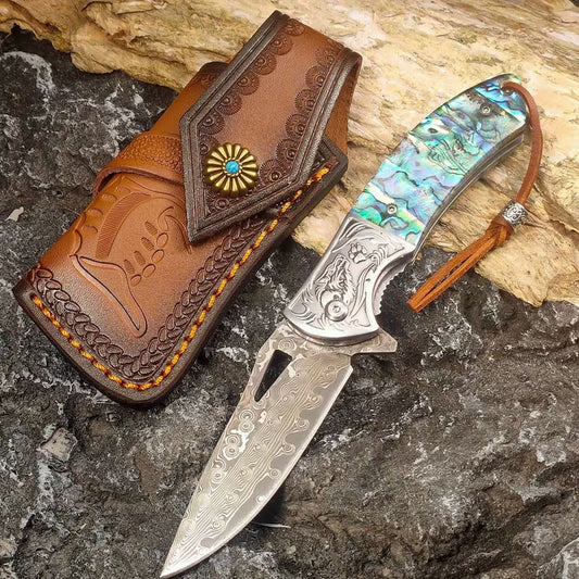 7.8" Handmade Damascus Knife - EDC Folding Pocket Knife - Resin Handle - VG10 Steel Blade
