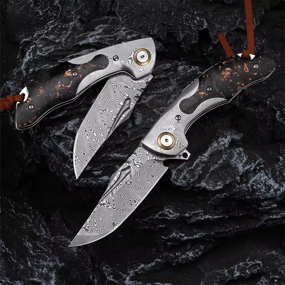 7.8" Damascus Pocket Knife with Damascus & Carbon Fiber Handle | VG 10 Steel Blade