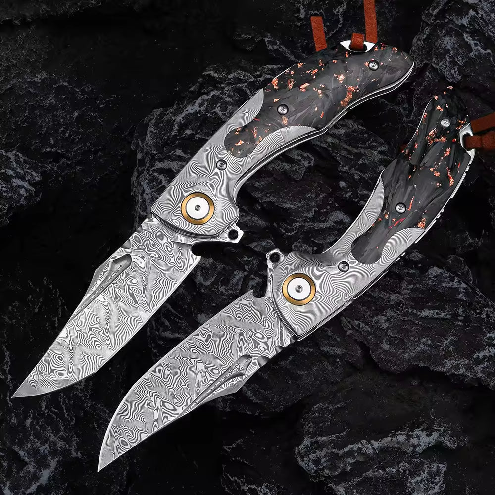 7.8" Damascus Pocket Knife with Damascus & Carbon Fiber Handle | VG 10 Steel Blade