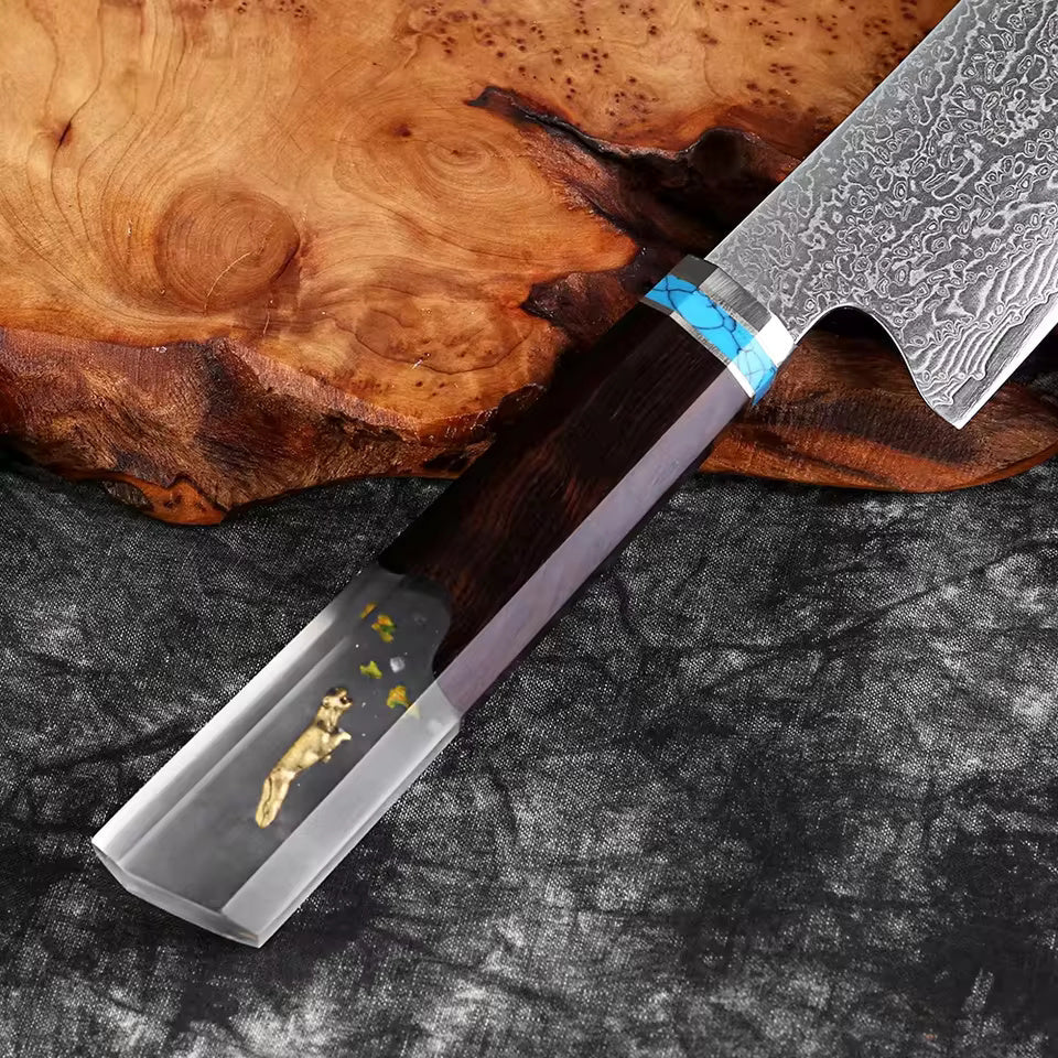 Kiritsuke Damascus Japanese Chef Knife - Resin Stabilized Wood Handle