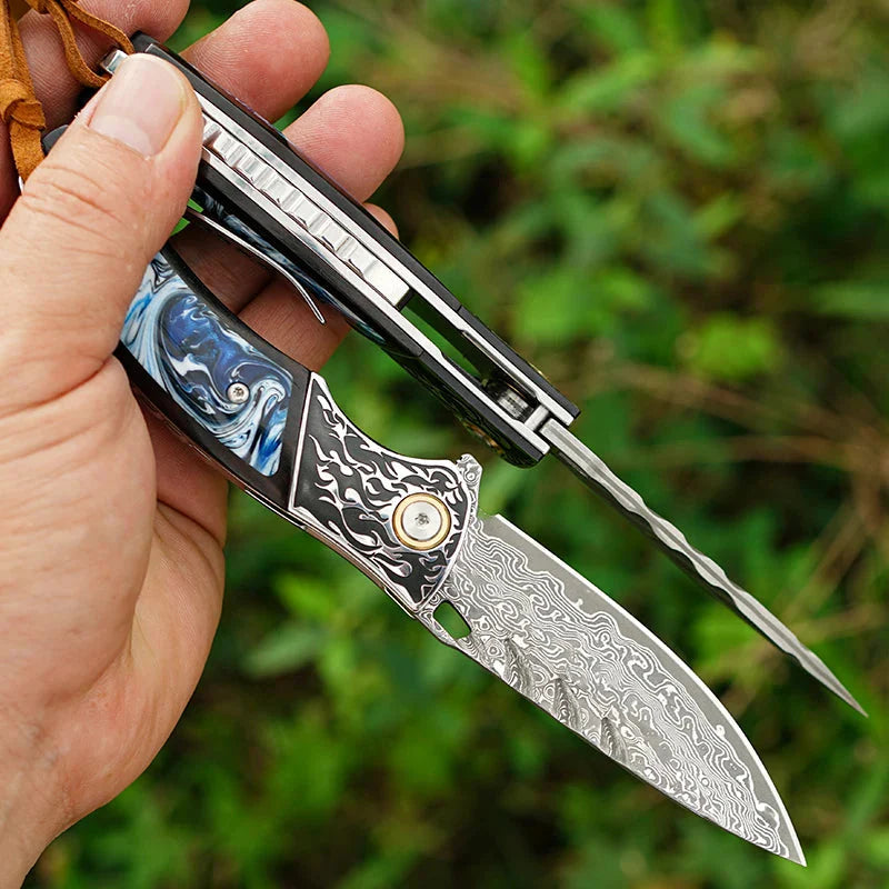 7" Handmade Damascus Pocket Knife with Pocket Clip - Resin & Ebony Wood - Flame Carved Steel Head Bolster