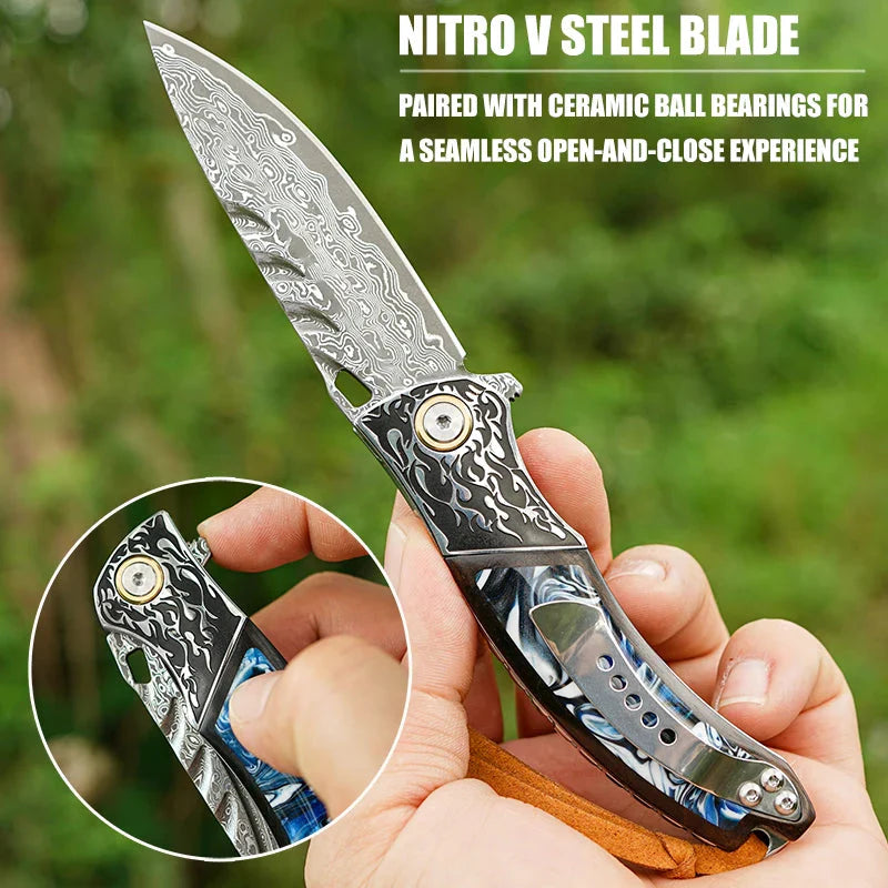 7" Handmade Damascus Pocket Knife with Pocket Clip - Resin & Ebony Wood - Flame Carved Steel Head Bolster