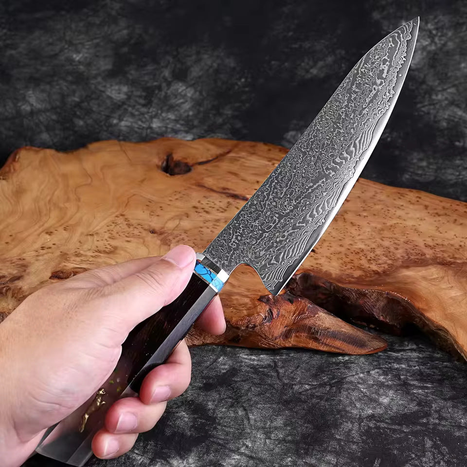 Kiritsuke Damascus Japanese Chef Knife - Resin Stabilized Wood Handle