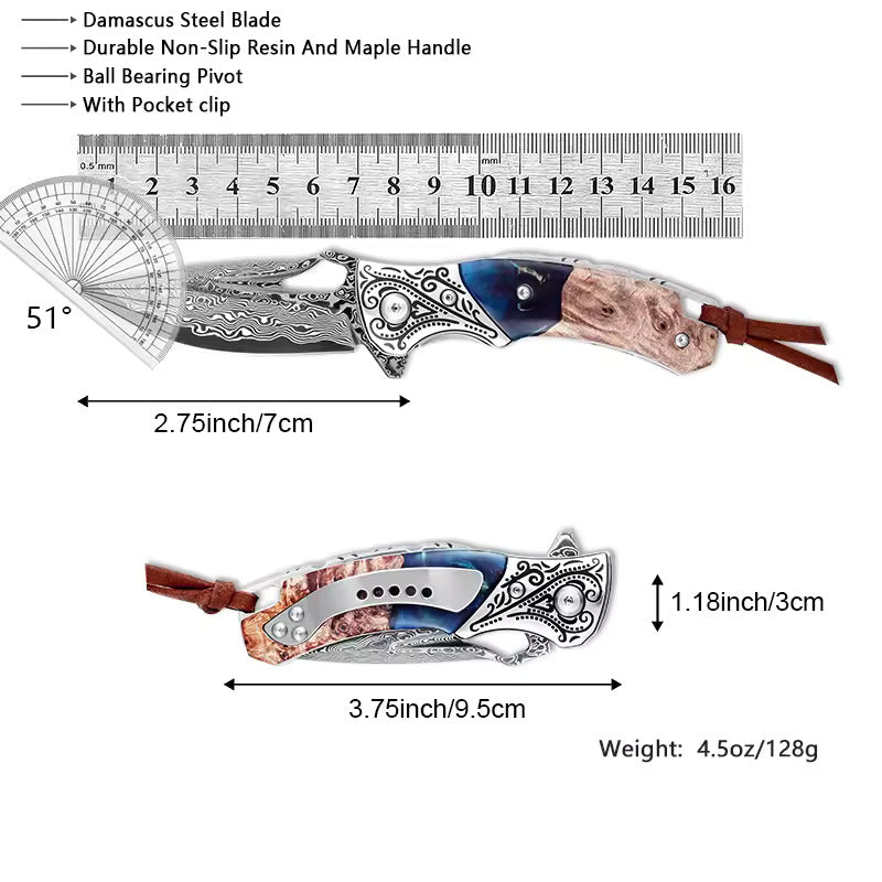 Hand Forged Damascus Steel Hunting Pocket Knife-Camping Folding Blade With Pocket Clip