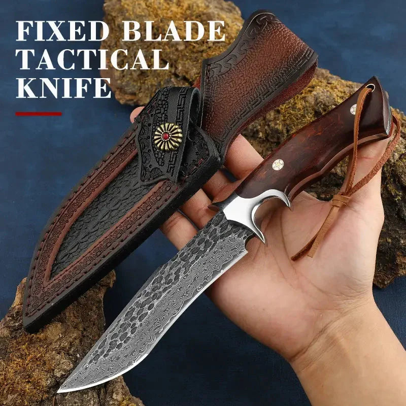 Damascus Hunting Knife - Fixed Blade Wooden Handle Hunting Knife - Damascus Steel Camping knives Comes with a Holster