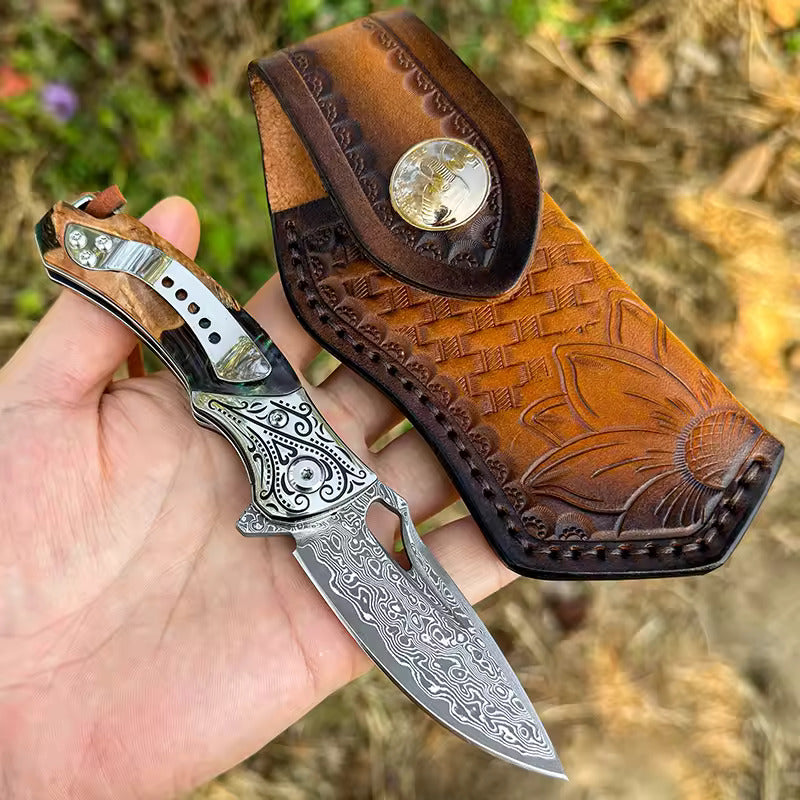 Hand Forged Damascus Steel Hunting Pocket Knife-Camping Folding Blade With Pocket Clip