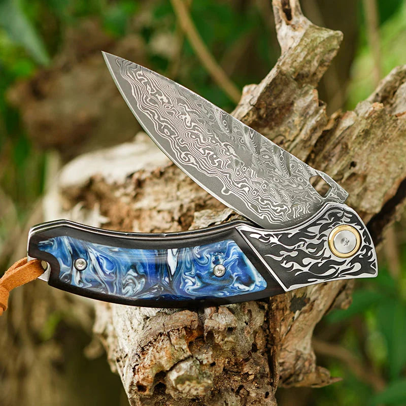 7" Handmade Damascus Pocket Knife with Pocket Clip - Resin & Ebony Wood - Flame Carved Steel Head Bolster