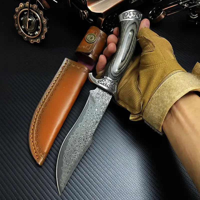 Handmade Forged Damascus Steel EDC Knife - Fixed Blade, Full Tang, Compact Everyday Carry Knife with Sheath