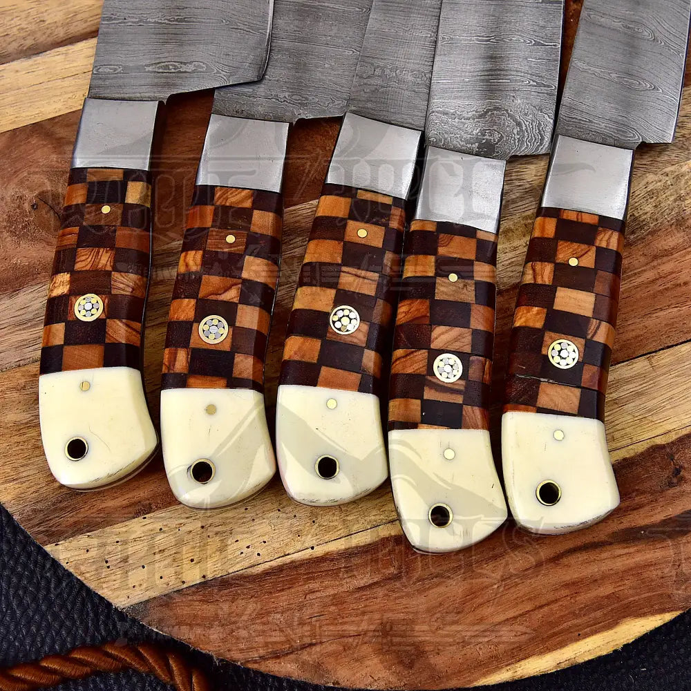 Custom Hand Made Forged Damascus Chef Knife Set Steel Bolster With Bone & Dark wood Handle WH 3622
