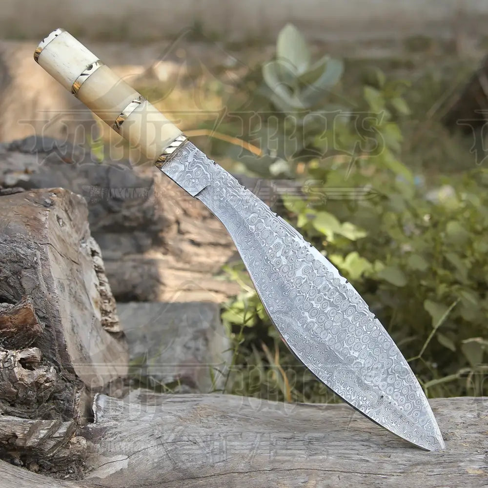 Custom Handmade Forged Damascus Steel Survival Hunting Bushcraft Kukri Knife EDC 12” With Camel Bone Handle WH 3892