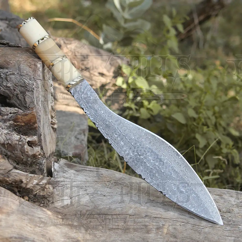 Custom Handmade Forged Damascus Steel Survival Hunting Bushcraft Kukri Knife EDC 12” With Camel Bone Handle WH 3892