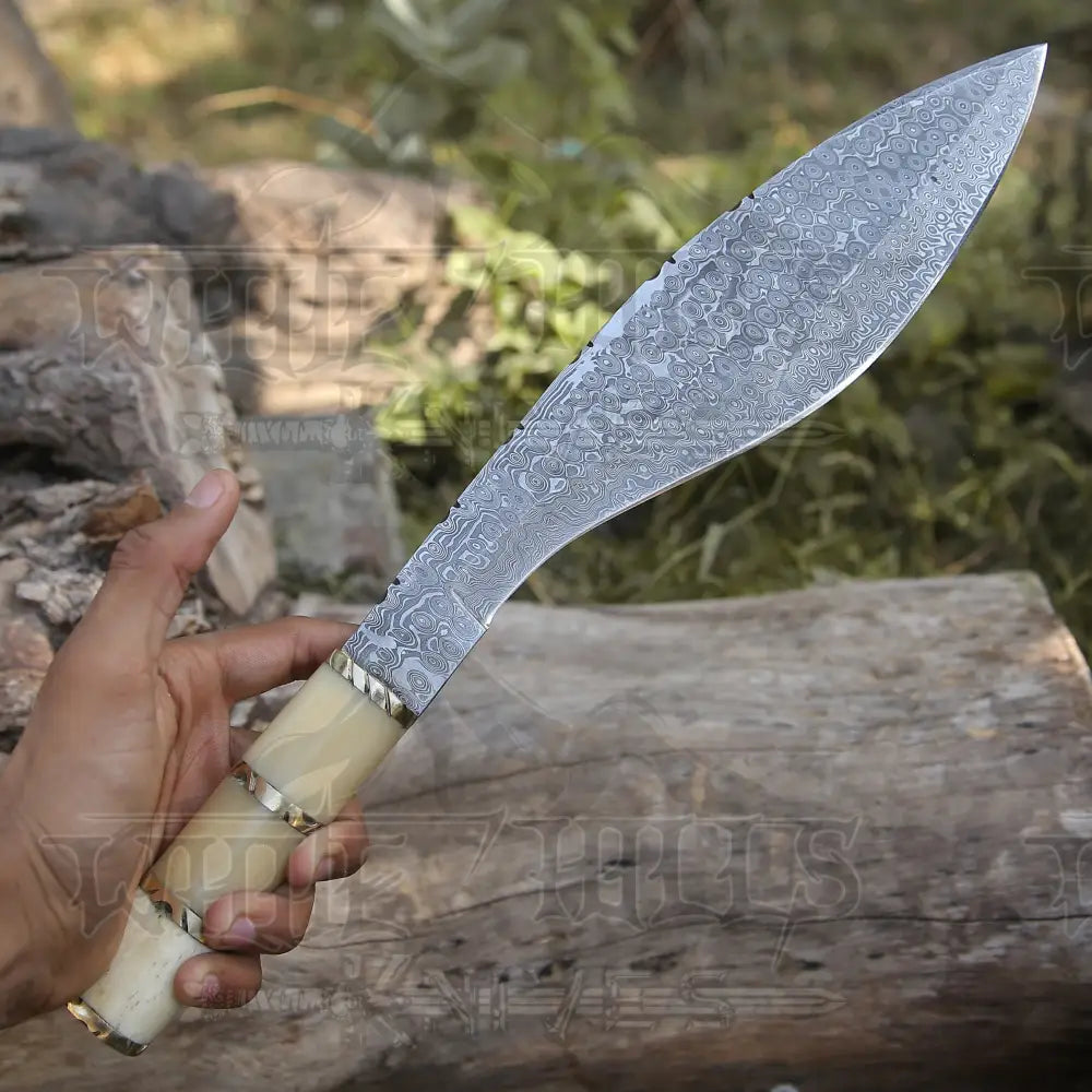 Custom Handmade Forged Damascus Steel Survival Hunting Bushcraft Kukri Knife EDC 12” With Camel Bone Handle WH 3892