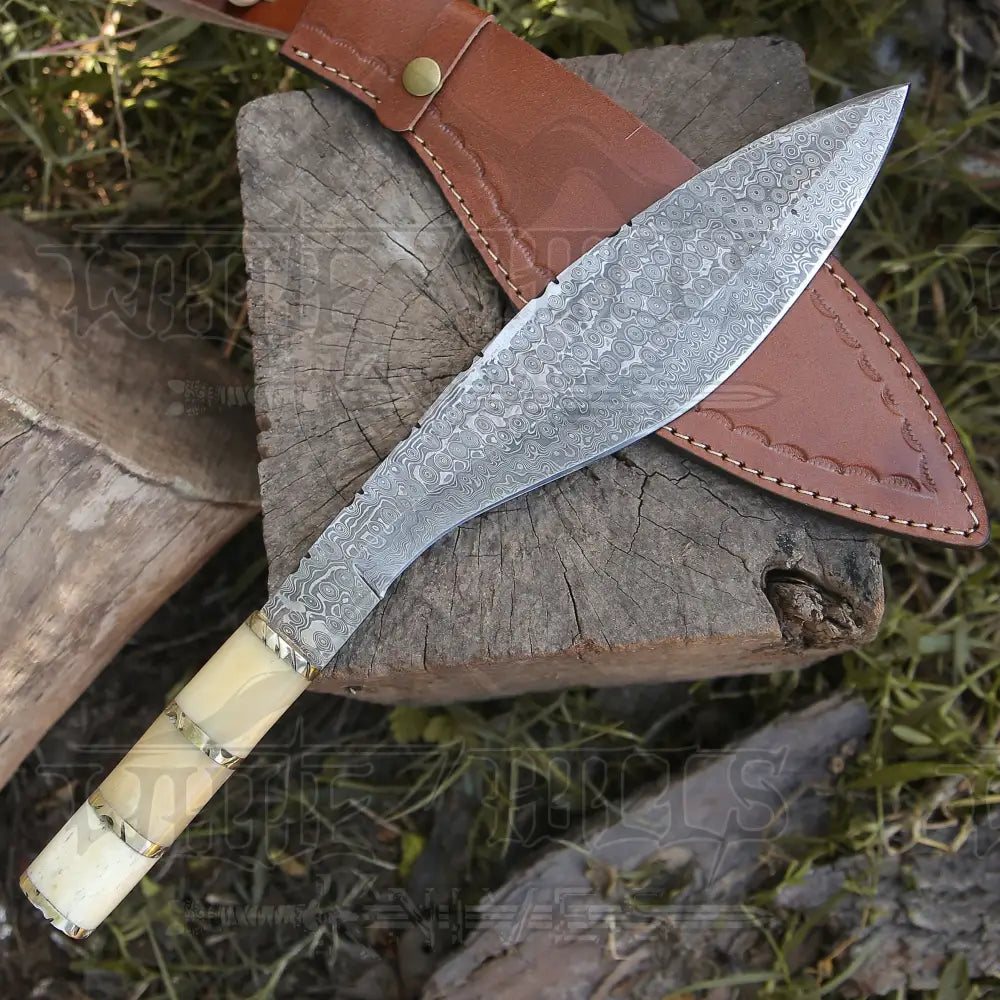 Custom Handmade Forged Damascus Steel Survival Hunting Bushcraft Kukri Knife EDC 12” With Camel Bone Handle WH 3892