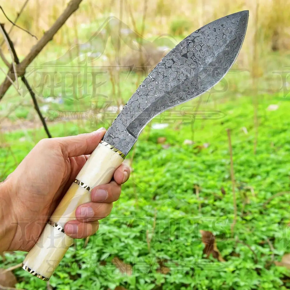 Custom Handmade Forged Damascus Steel Survival Hunting Bushcraft Kukri Knife EDC 12” With Camel Bone Handle WH 3892