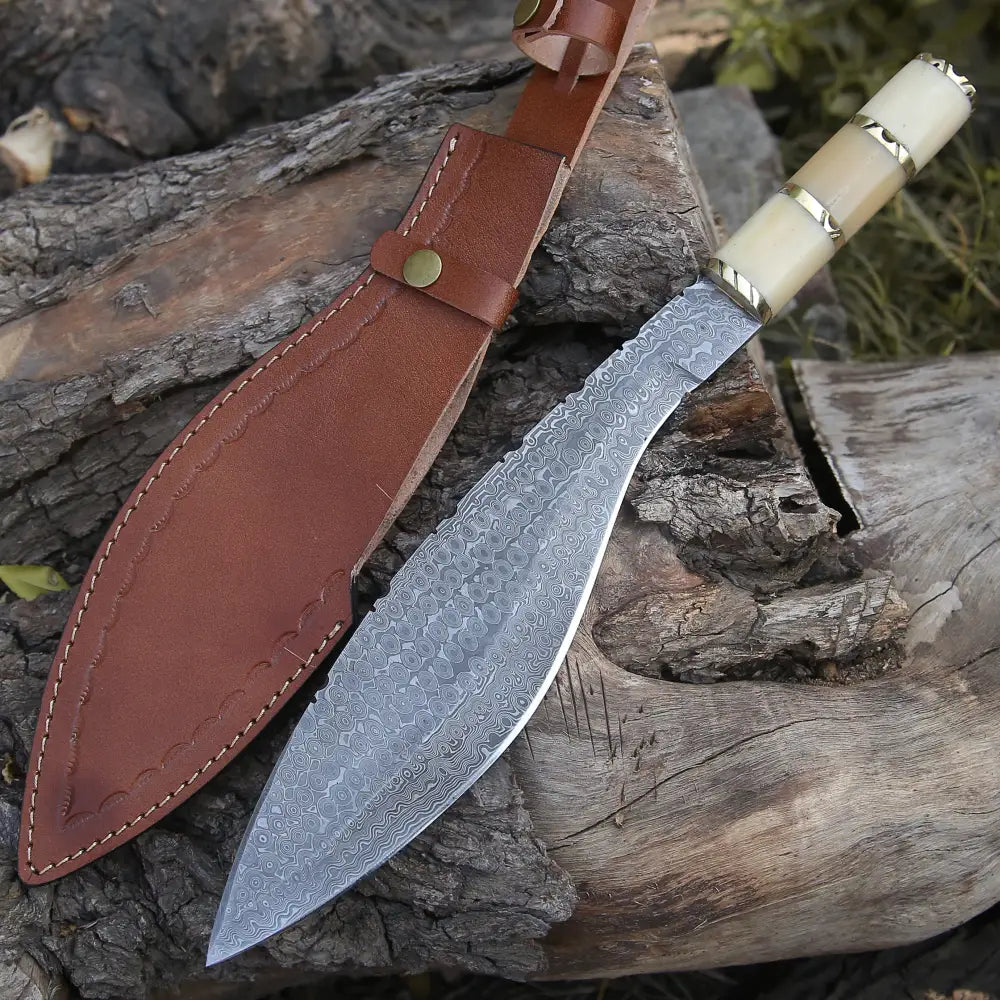 Custom Handmade Forged Damascus Steel Survival Hunting Bushcraft Kukri Knife EDC 12” With Camel Bone Handle WH 3892