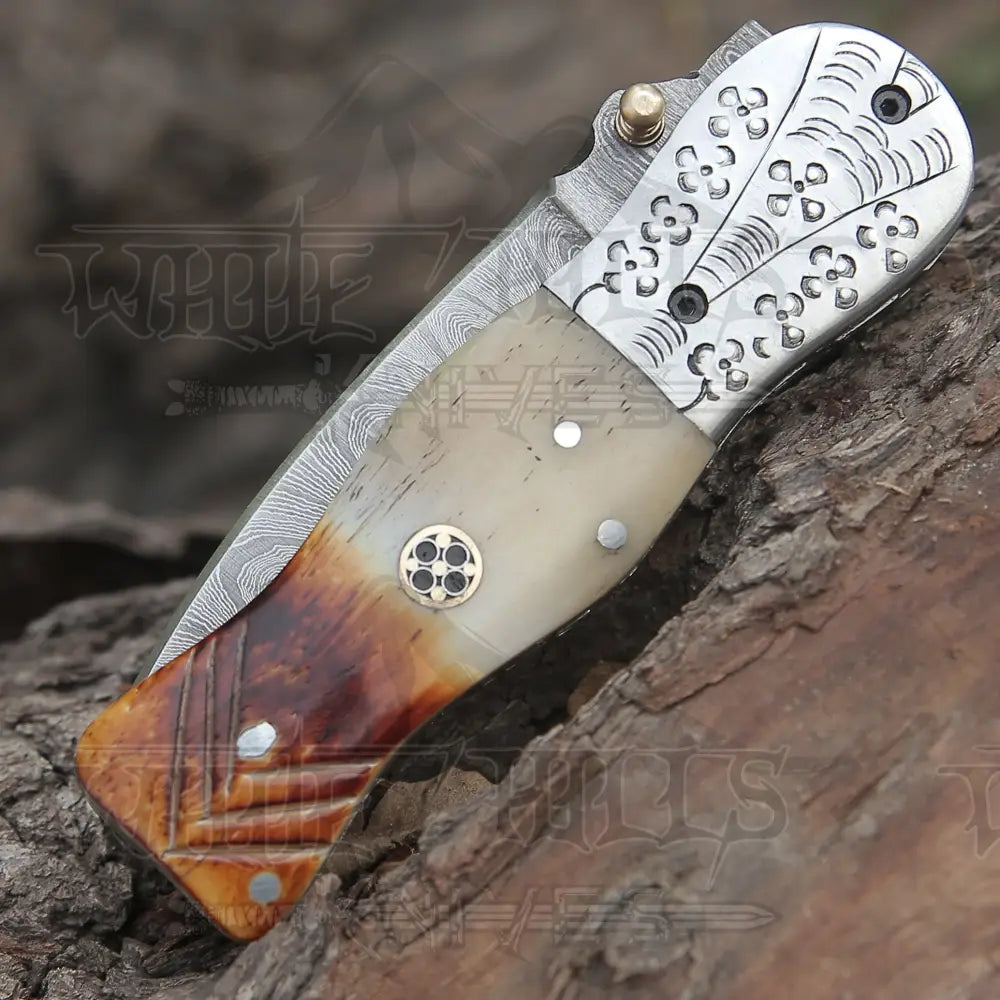 Handmade Damascus Steel Hunting Pocket Knife Camping Folding Blade With Camel Bone Handle WH 4405