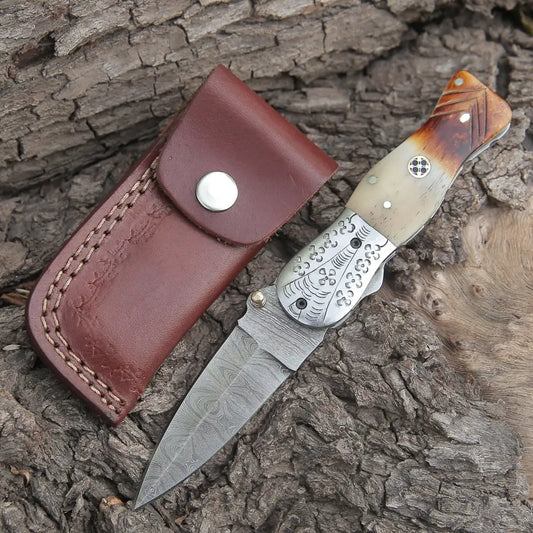 Handmade Damascus Steel Hunting Pocket Knife Camping Folding Blade With Camel Bone Handle WH 4405
