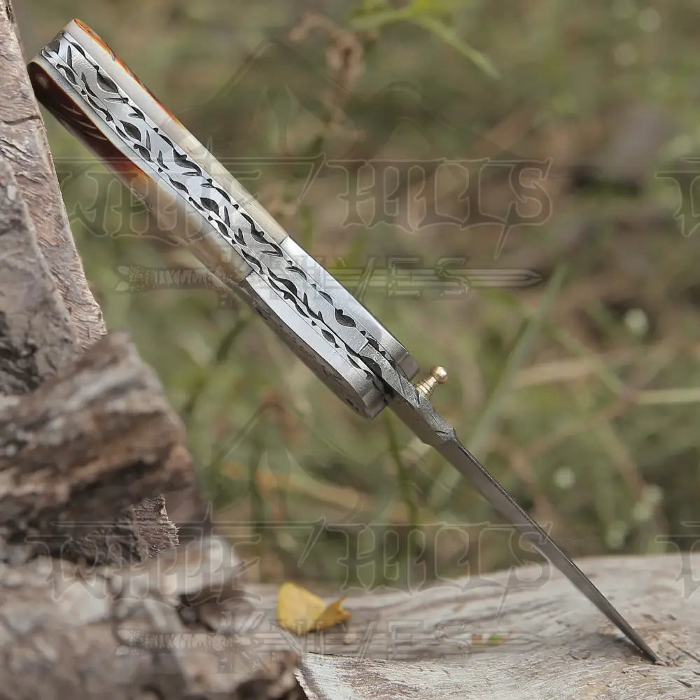 Handmade Damascus Steel Hunting Pocket Knife Camping Folding Blade With Camel Bone Handle WH 4405