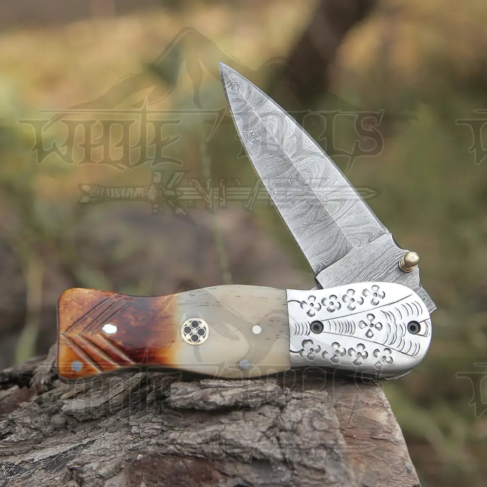 Handmade Damascus Steel Hunting Pocket Knife Camping Folding Blade With Camel Bone Handle WH 4405