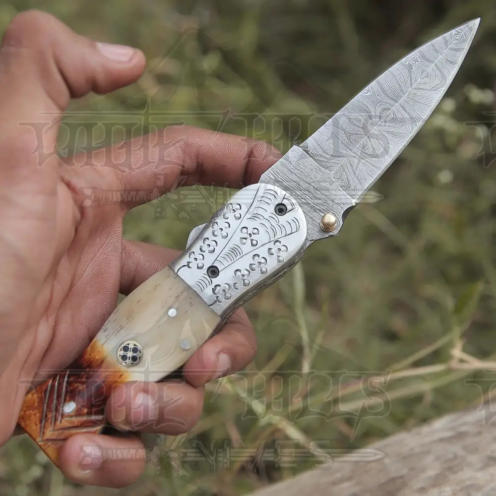 Handmade Damascus Steel Hunting Pocket Knife Camping Folding Blade With Camel Bone Handle WH 4405
